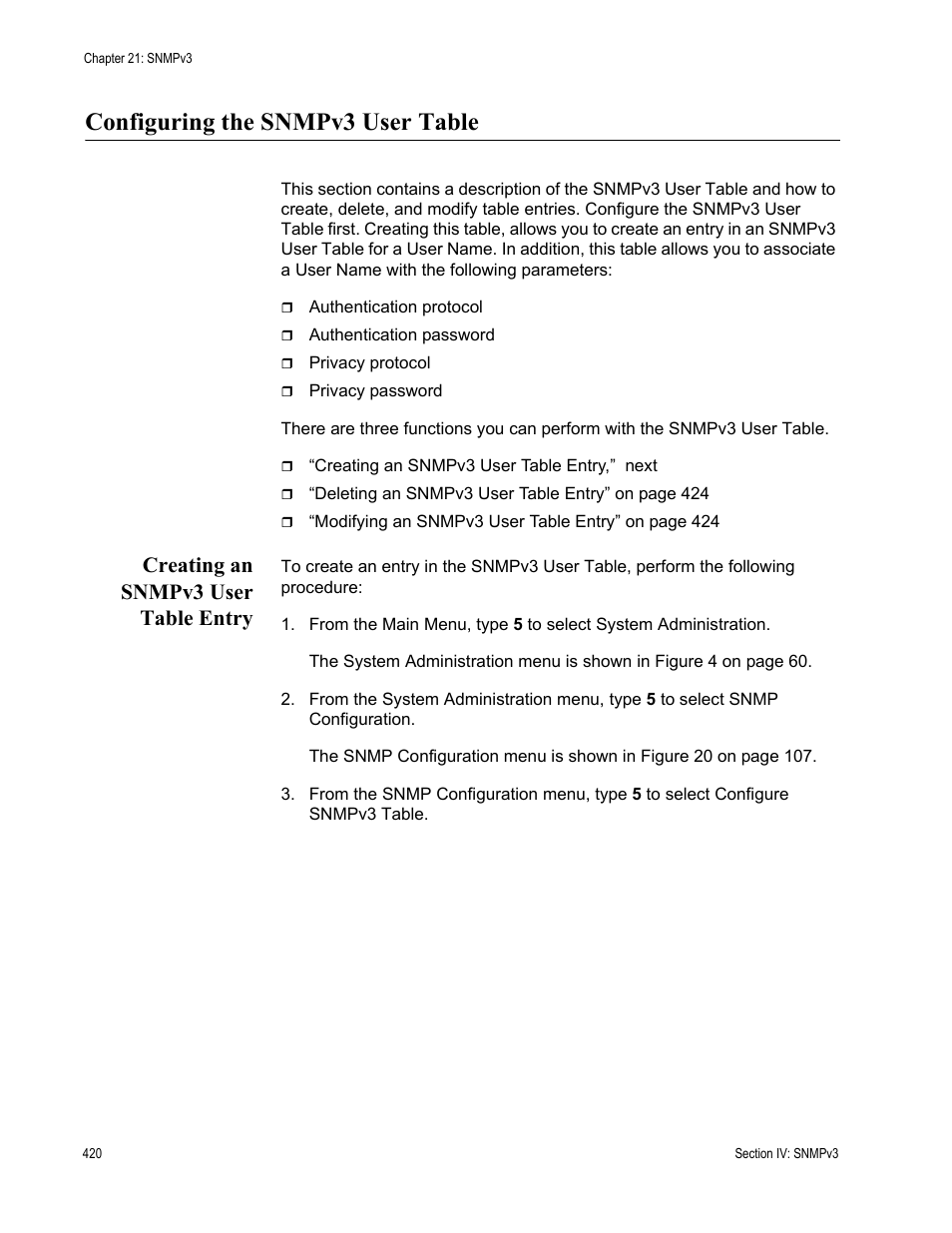 Configuring the snmpv3 user table, Creating an snmpv3 user table entry, Configuring the snmpv3 user table,” next | Allied Telesis AT-S63 User Manual | Page 420 / 942