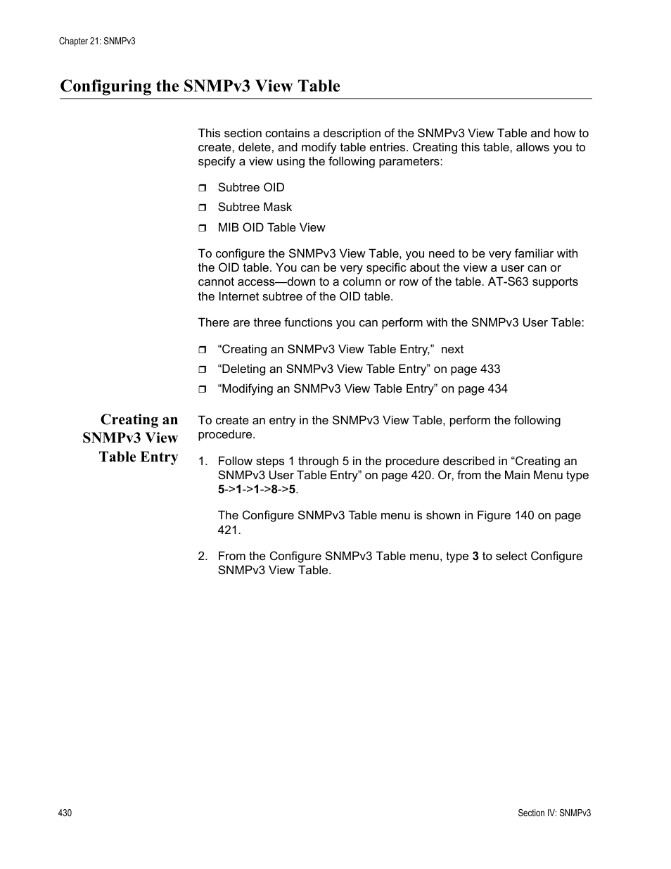 Configuring the snmpv3 view table, Creating an snmpv3 view table entry | Allied Telesis AT-S63 User Manual | Page 430 / 942