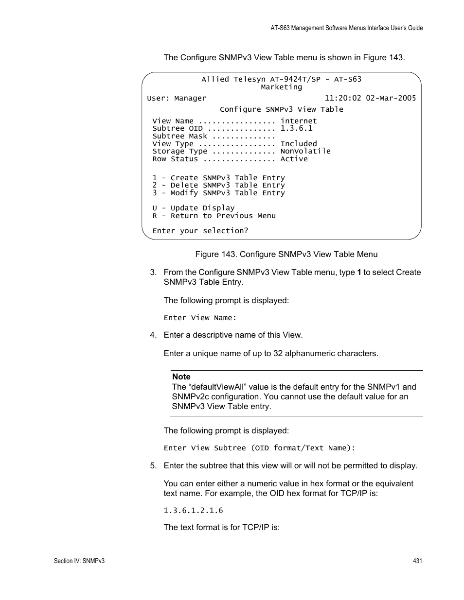 Figure 143: configure snmpv3 view table menu | Allied Telesis AT-S63 User Manual | Page 431 / 942