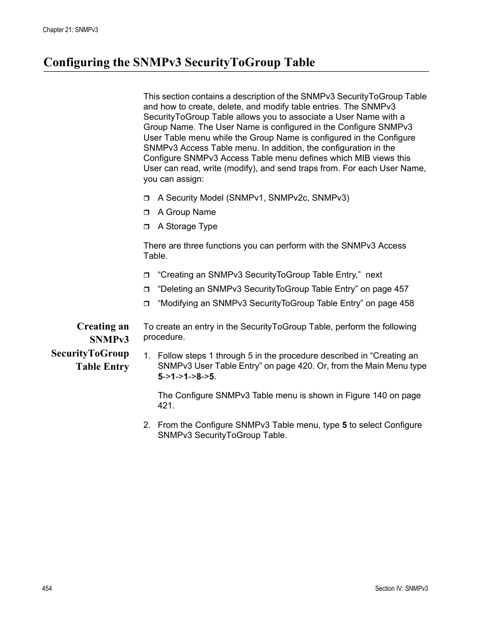 Configuring the snmpv3 securitytogroup table, Creating an snmpv3 securitytogroup table entry | Allied Telesis AT-S63 User Manual | Page 454 / 942