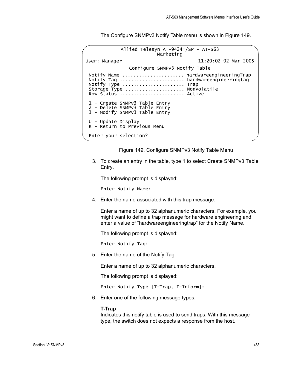 Figure 149: configure snmpv3 notify table menu | Allied Telesis AT-S63 User Manual | Page 463 / 942