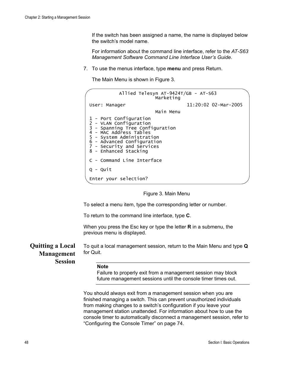 Quitting a local management session, Figure 3: main menu | Allied Telesis AT-S63 User Manual | Page 48 / 942