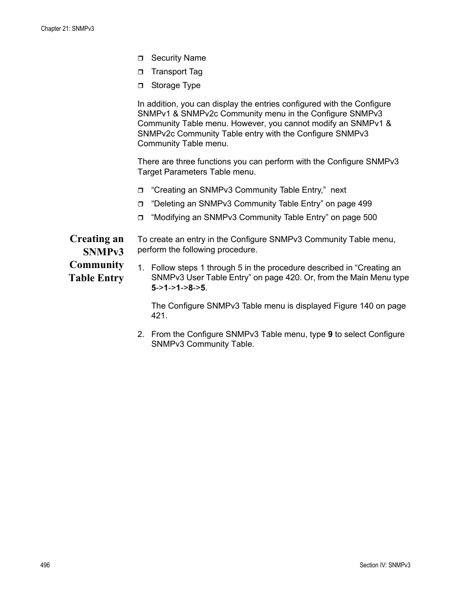 Creating an snmpv3 community table entry | Allied Telesis AT-S63 User Manual | Page 496 / 942