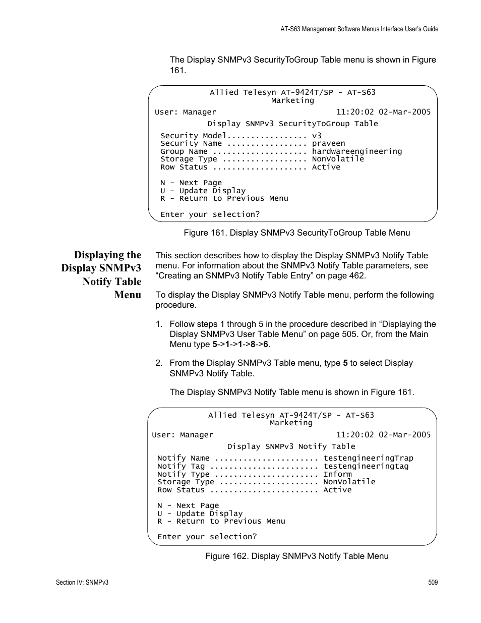 Displaying the display snmpv3 notify table menu | Allied Telesis AT-S63 User Manual | Page 509 / 942