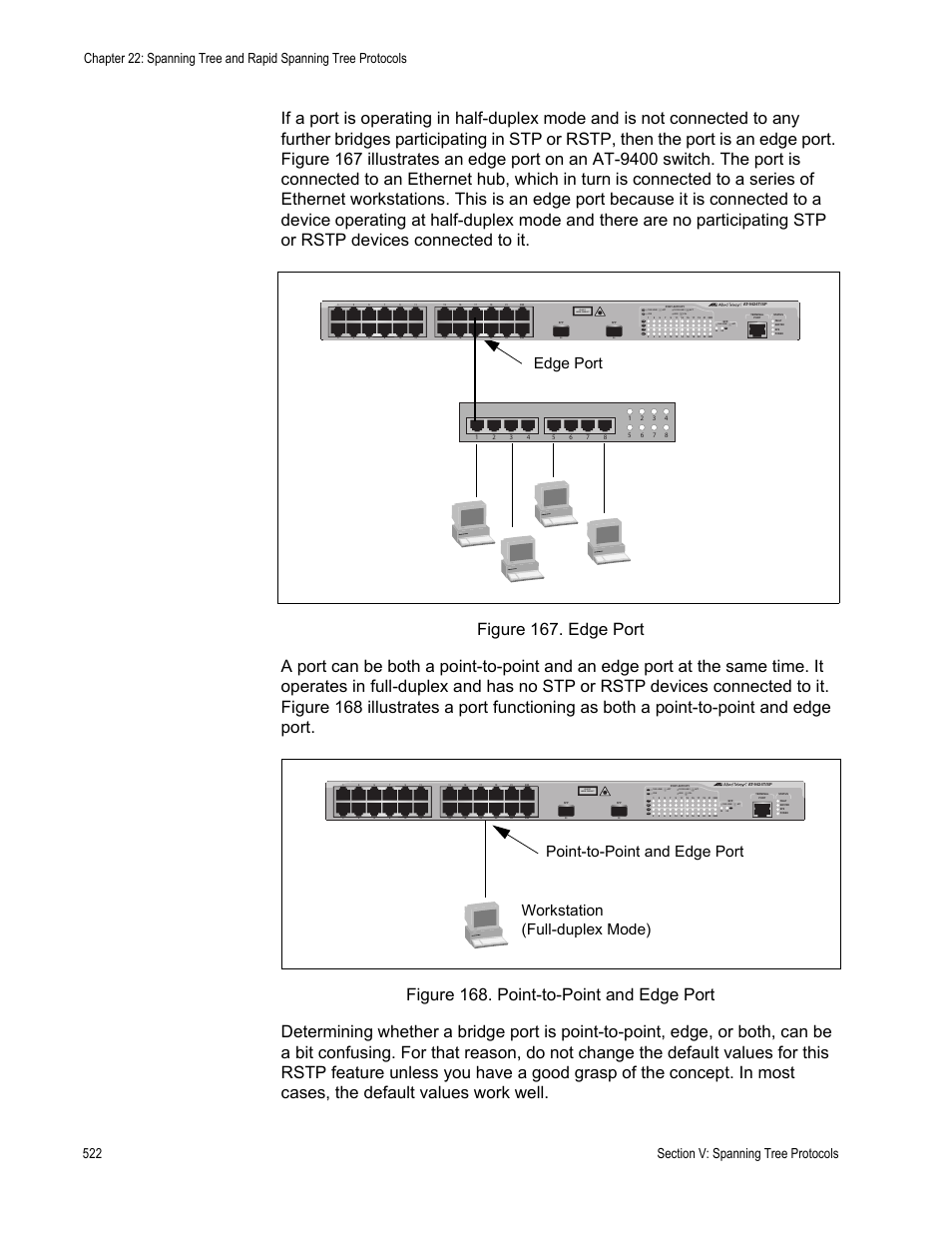 Edge port, Point-to-point and edge port, Workstation (full-duplex mode) | Class 1 laser product, L/a d/c d/c l/a d/c l/a | Allied Telesis AT-S63 User Manual | Page 522 / 942