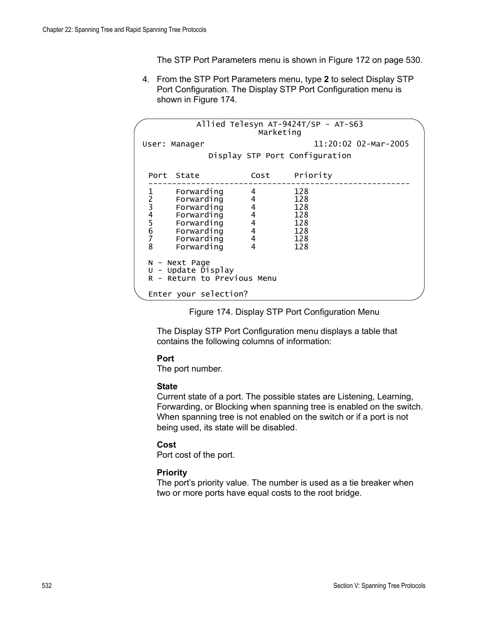 Figure 174: display stp port configuration menu | Allied Telesis AT-S63 User Manual | Page 532 / 942