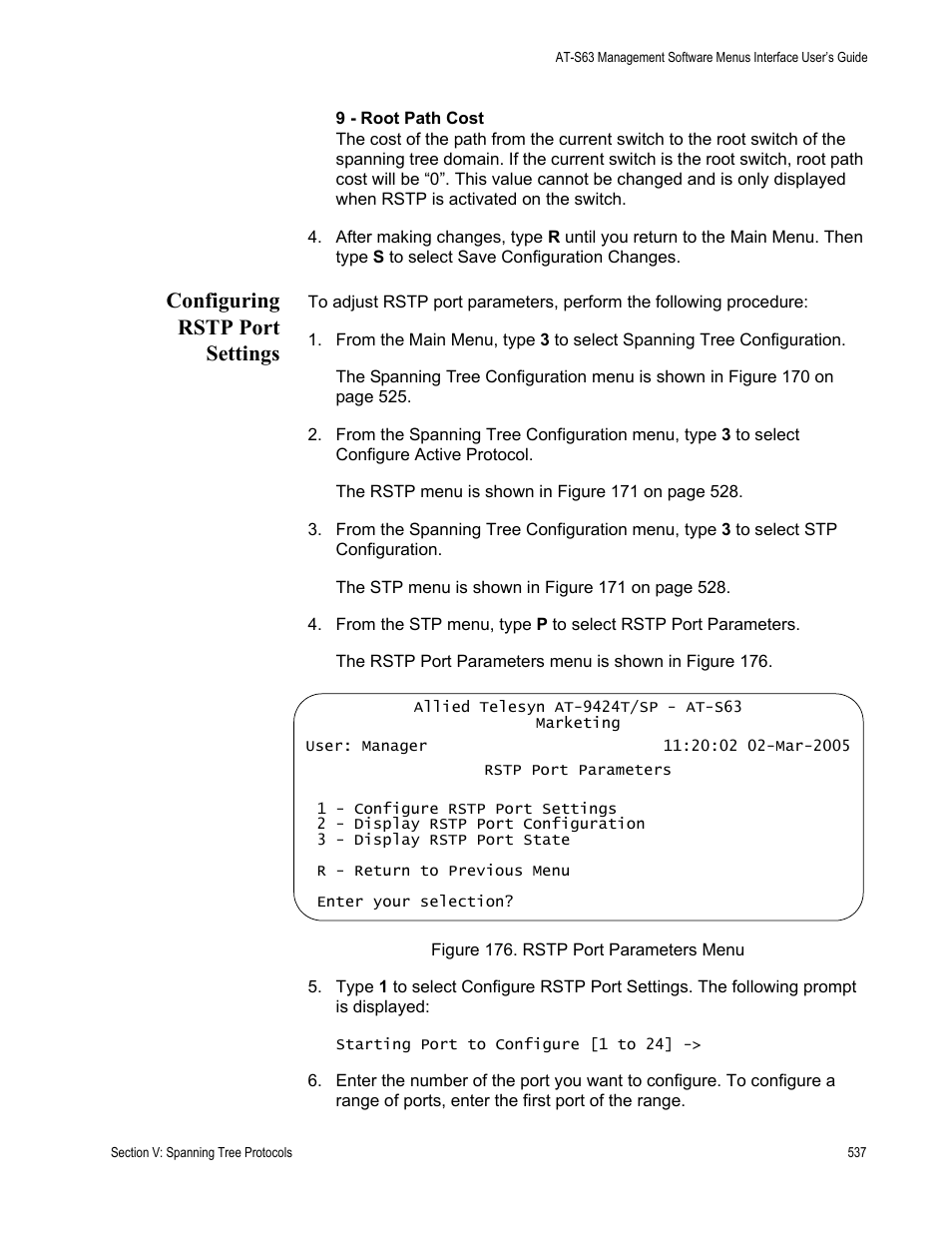 Configuring rstp port settings, Figure 176: rstp port parameters menu | Allied Telesis AT-S63 User Manual | Page 537 / 942