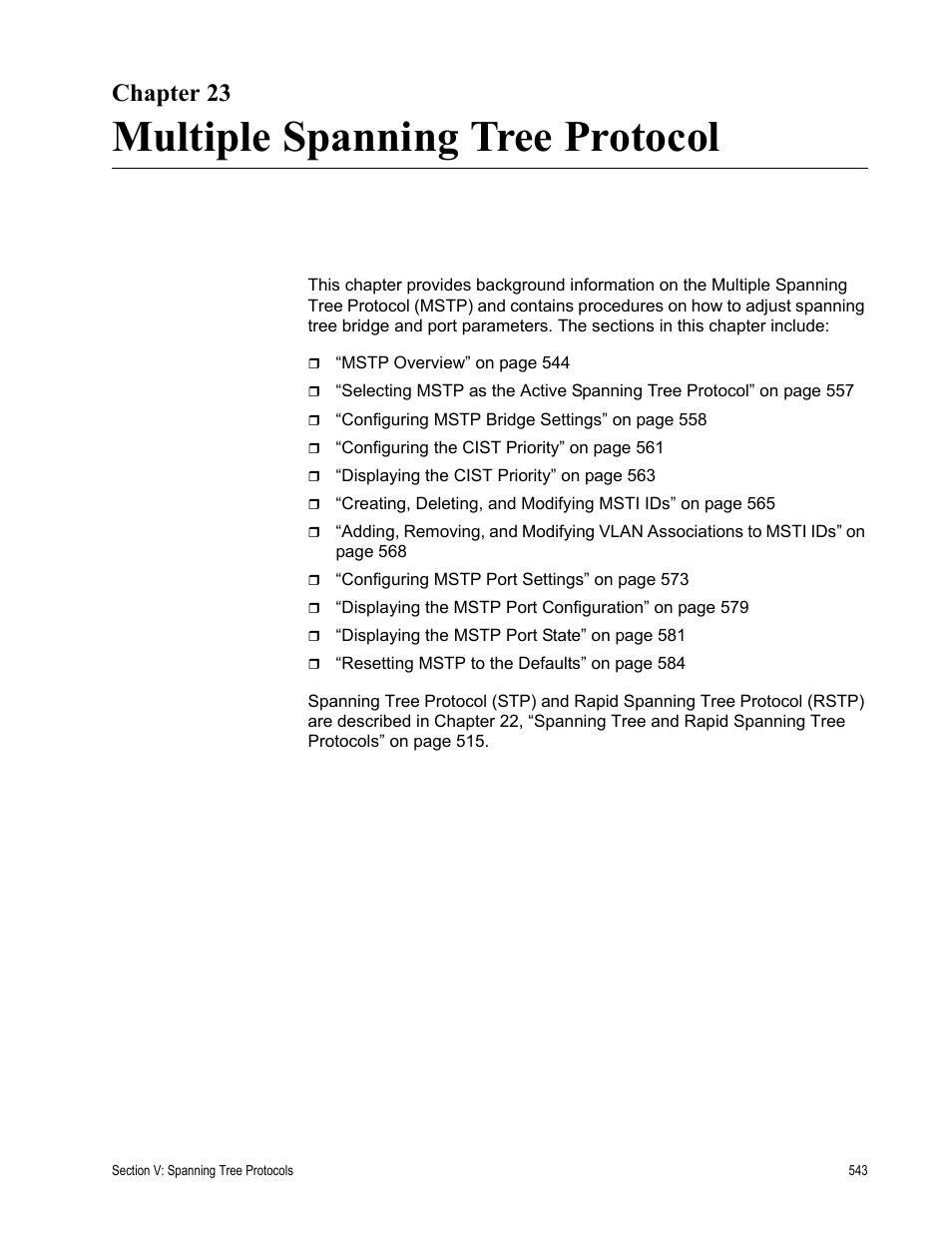 Chapter 23, Multiple spanning tree protocol, Chapter 23: multiple spanning tree protocol | Allied Telesis AT-S63 User Manual | Page 543 / 942