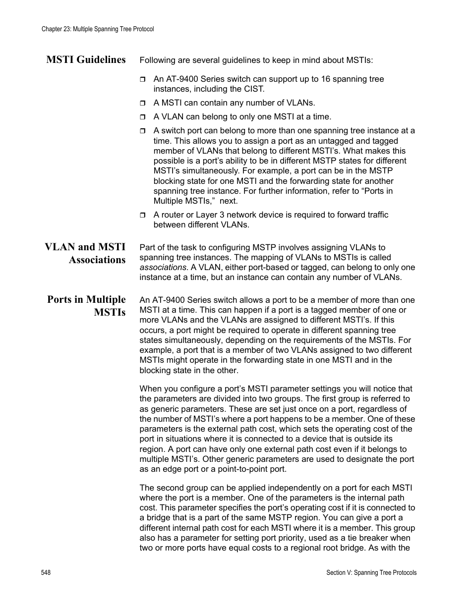 Msti guidelines, Vlan and msti associations, Ports in multiple mstis | Allied Telesis AT-S63 User Manual | Page 548 / 942