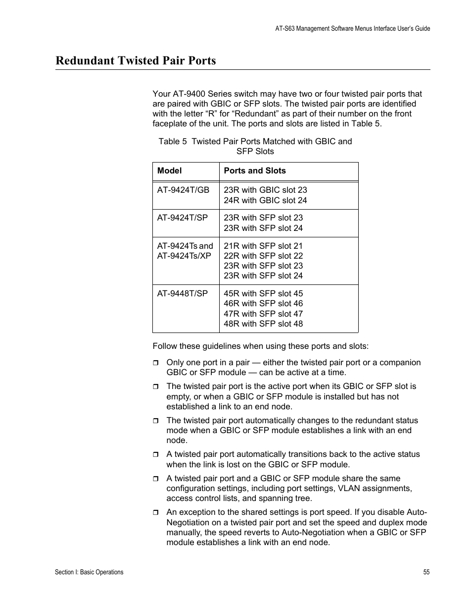 Redundant twisted pair ports | Allied Telesis AT-S63 User Manual | Page 55 / 942