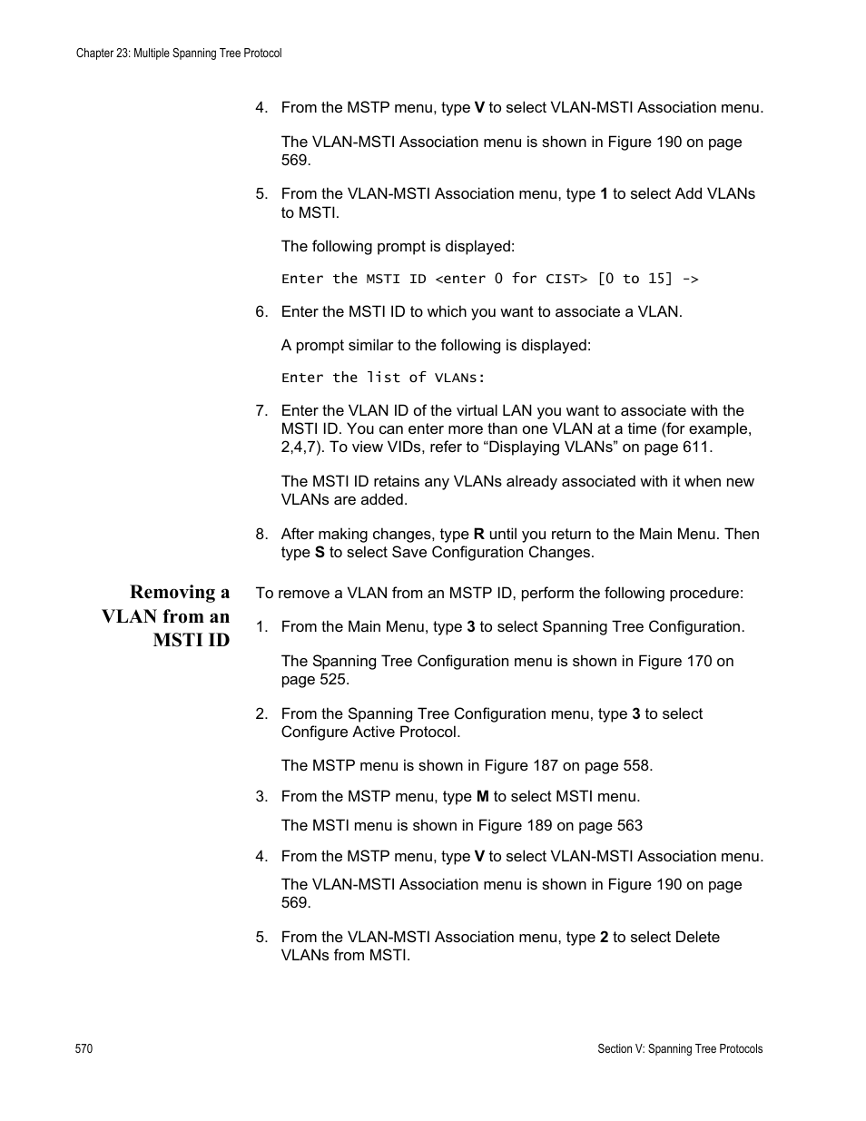 Removing a vlan from an msti id | Allied Telesis AT-S63 User Manual | Page 570 / 942