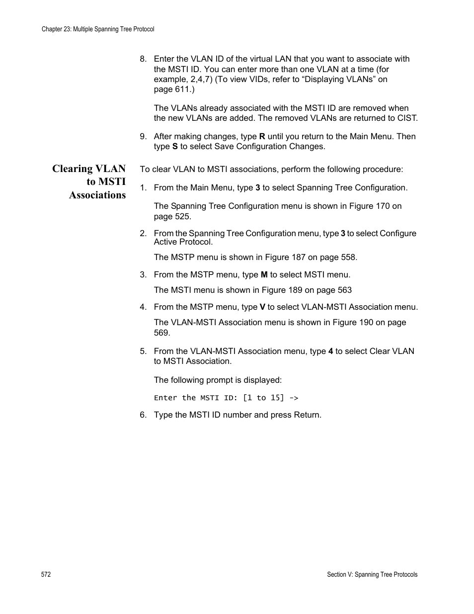 Clearing vlan to msti associations | Allied Telesis AT-S63 User Manual | Page 572 / 942