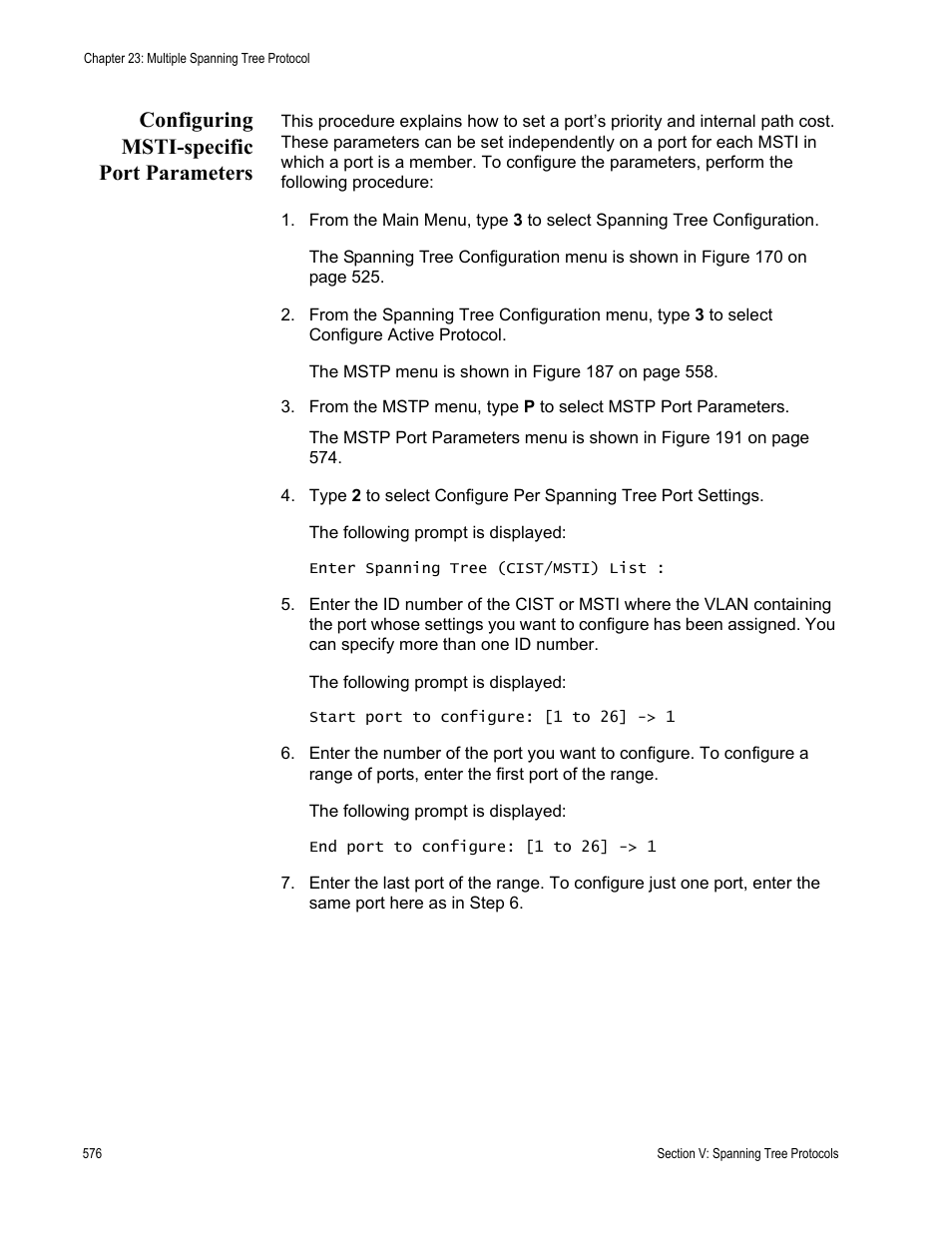 Configuring msti-specific port parameters | Allied Telesis AT-S63 User Manual | Page 576 / 942