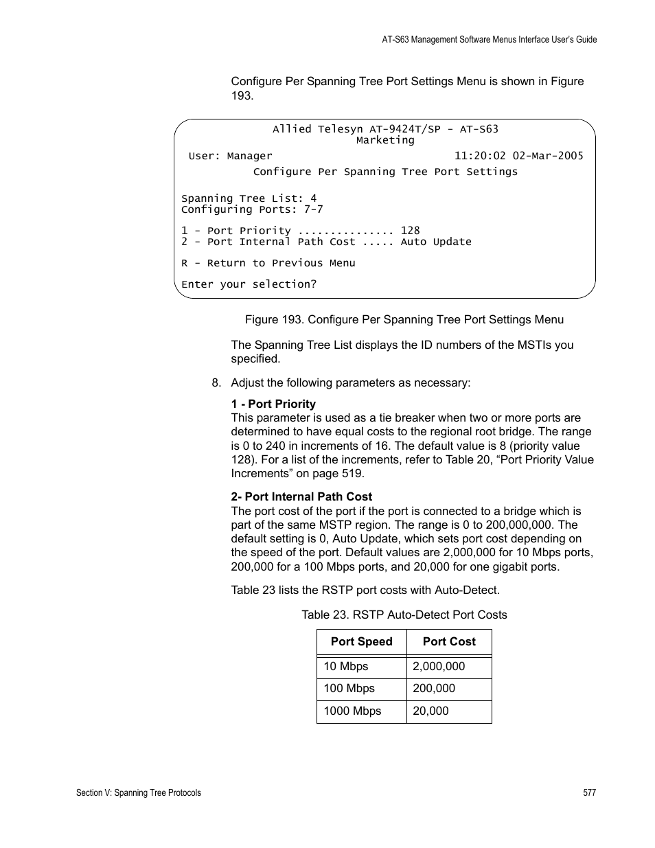 Table 23: rstp auto-detect port costs | Allied Telesis AT-S63 User Manual | Page 577 / 942