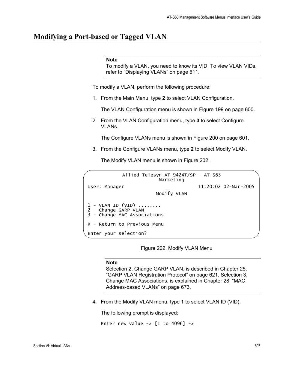 Modifying a port-based or tagged vlan, Figure 202: modify vlan menu | Allied Telesis AT-S63 User Manual | Page 607 / 942