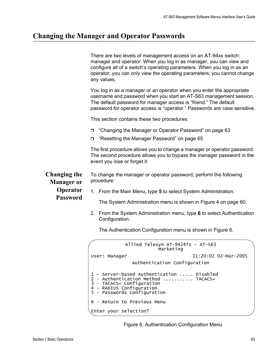 Changing the manager and operator passwords, Changing the manager or operator password, Figure 6: authentication configuration menu | Allied Telesis AT-S63 User Manual | Page 63 / 942