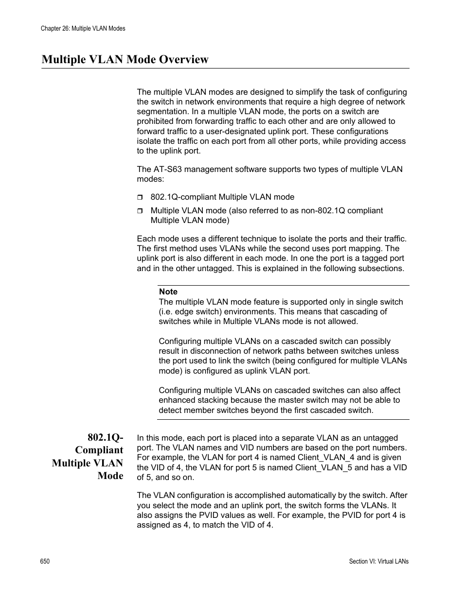 Multiple vlan mode overview, 1q- compliant multiple vlan mode | Allied Telesis AT-S63 User Manual | Page 650 / 942