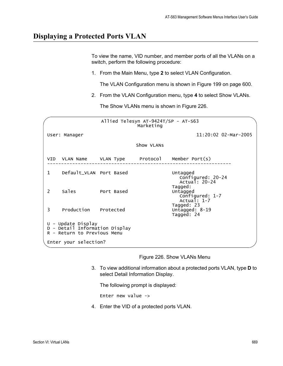 Displaying a protected ports vlan, Figure 226: show vlans menu | Allied Telesis AT-S63 User Manual | Page 669 / 942