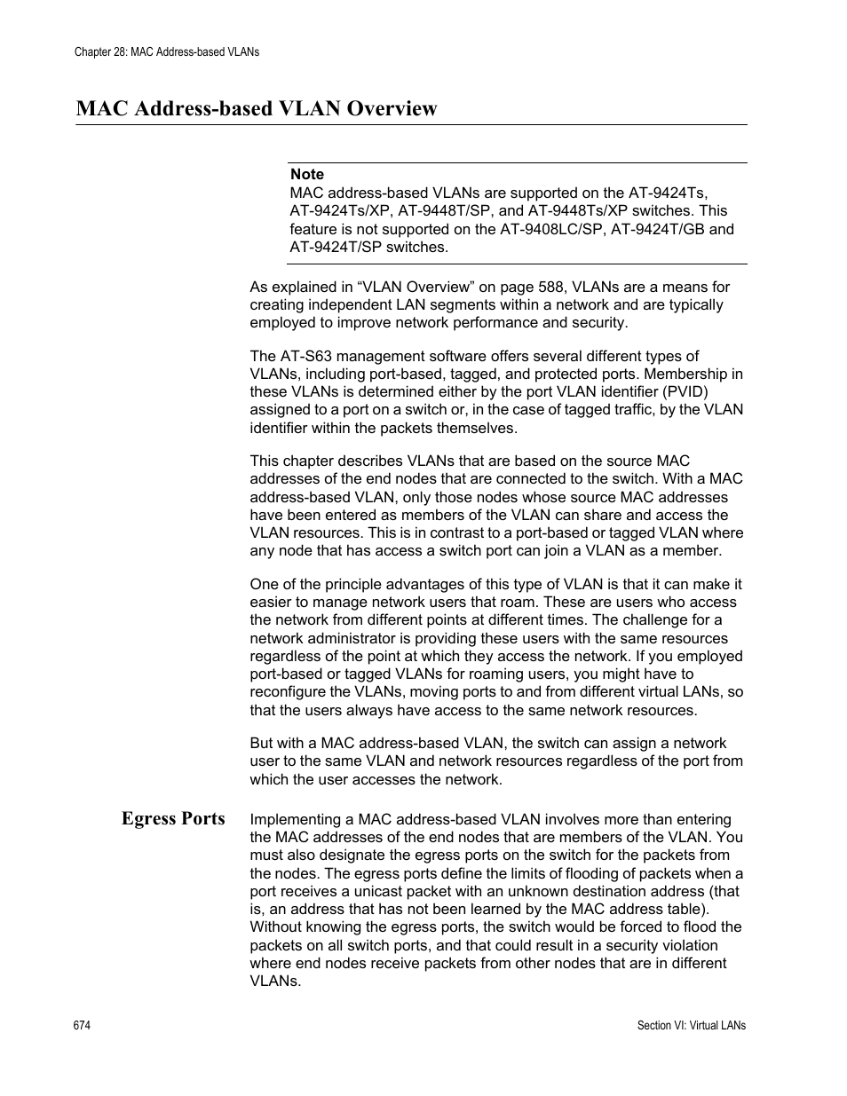 Mac address-based vlan overview, Egress ports | Allied Telesis AT-S63 User Manual | Page 674 / 942