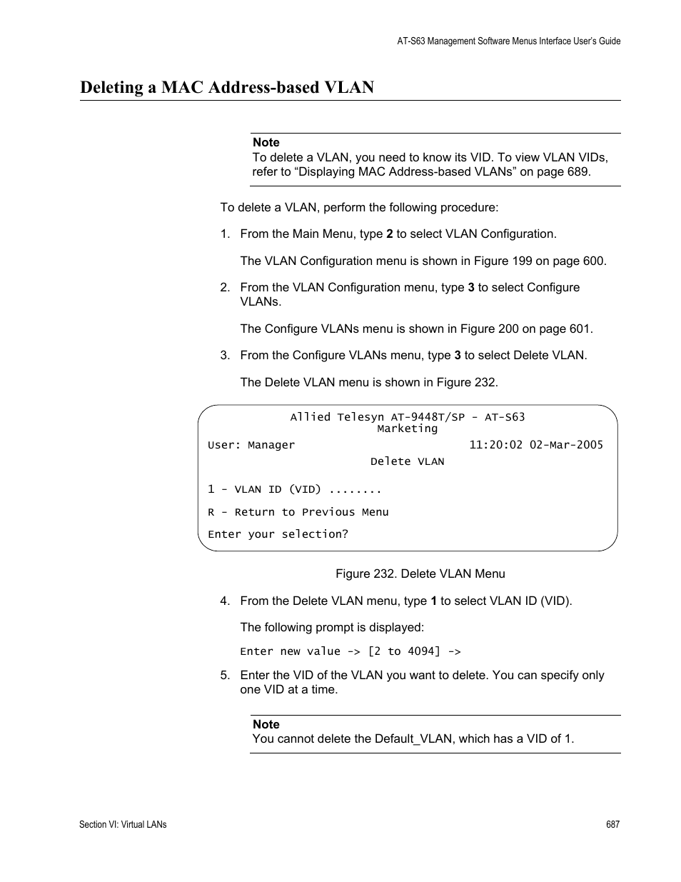 Deleting a mac address-based vlan, Figure 232: delete vlan menu | Allied Telesis AT-S63 User Manual | Page 687 / 942