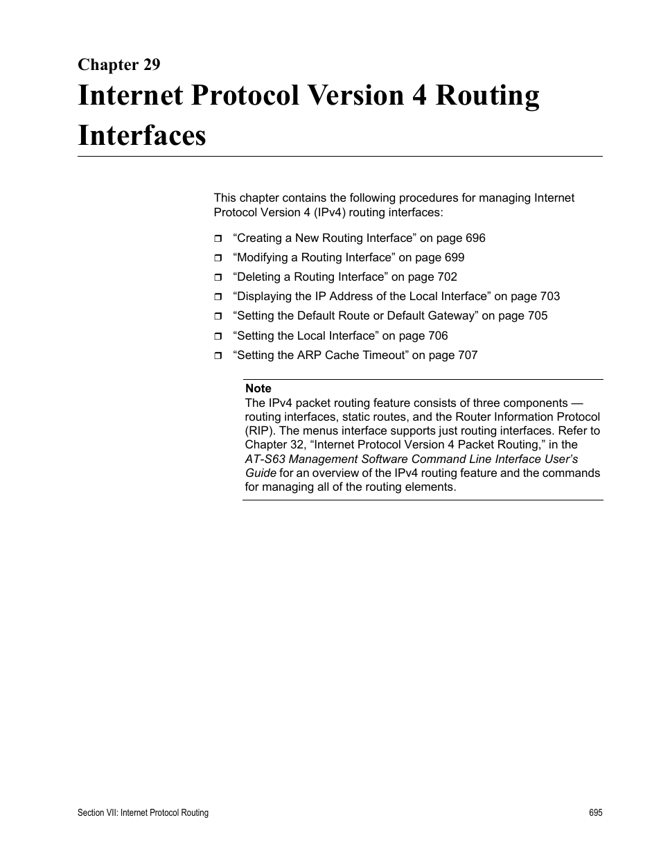 Chapter 29, Internet protocol version 4 routing interfaces | Allied Telesis AT-S63 User Manual | Page 695 / 942