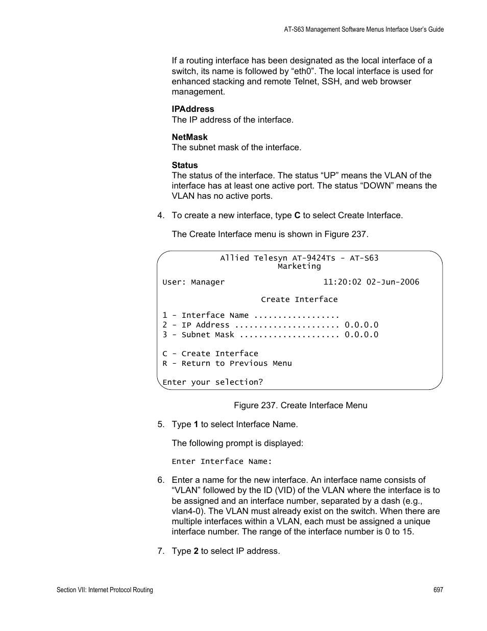Figure 237: create interface menu | Allied Telesis AT-S63 User Manual | Page 697 / 942