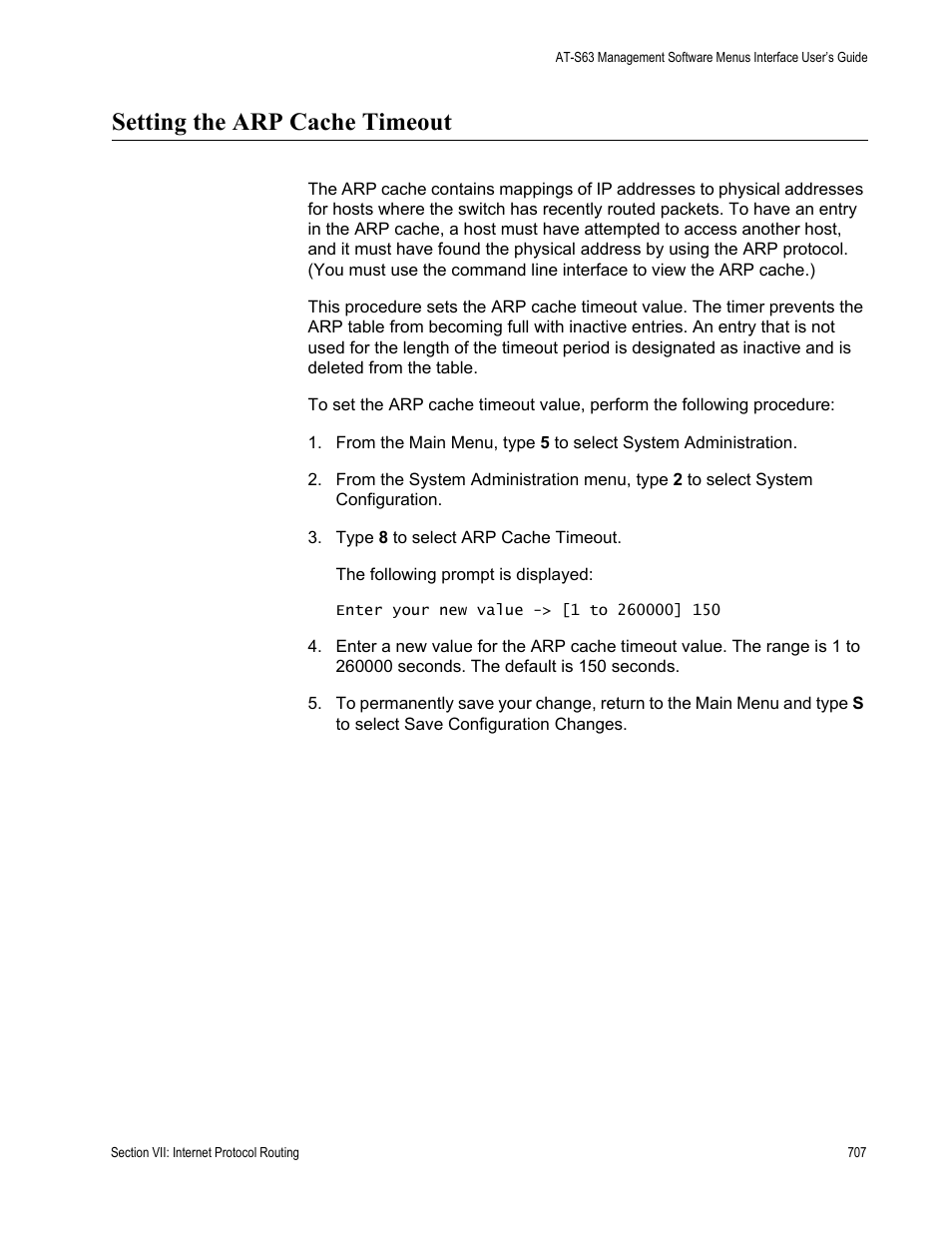 Setting the arp cache timeout | Allied Telesis AT-S63 User Manual | Page 707 / 942
