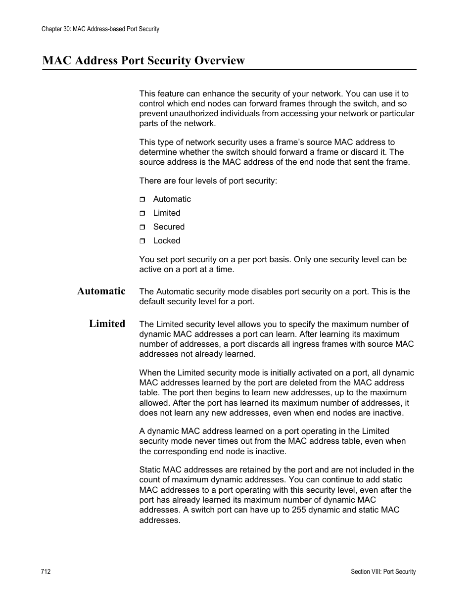 Mac address port security overview, Automatic, Limited | Automatic limited | Allied Telesis AT-S63 User Manual | Page 712 / 942