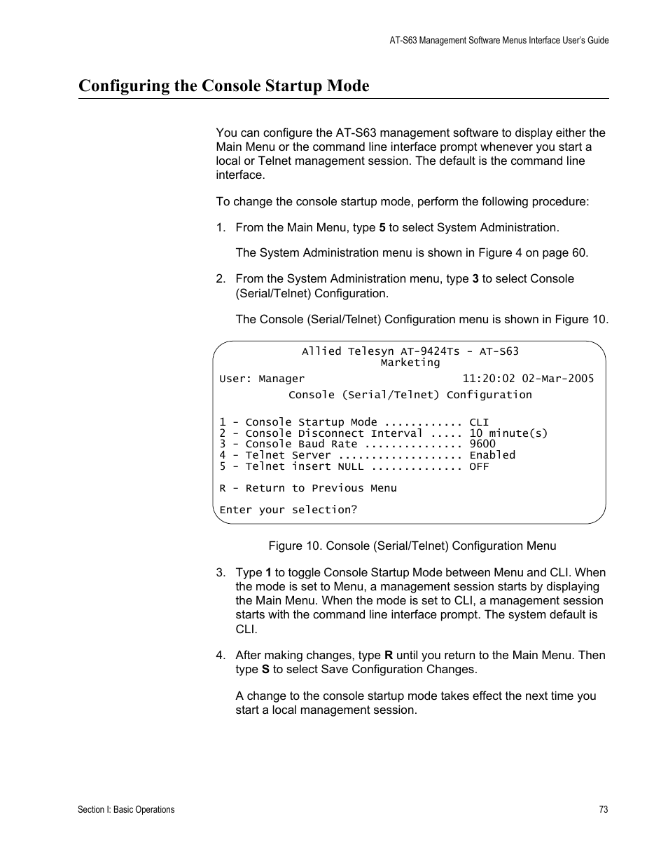 Configuring the console startup mode | Allied Telesis AT-S63 User Manual | Page 73 / 942