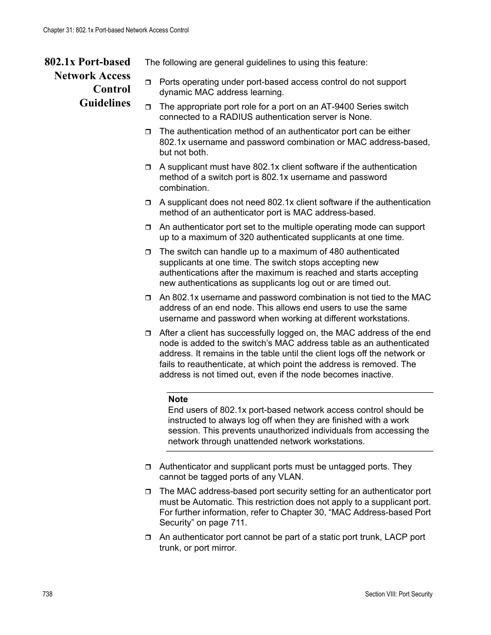 1x port-based network access control guidelines | Allied Telesis AT-S63 User Manual | Page 738 / 942