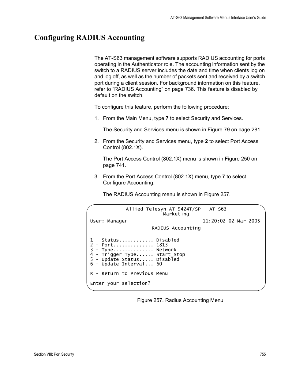 Configuring radius accounting, Figure 257: radius accounting menu | Allied Telesis AT-S63 User Manual | Page 755 / 942