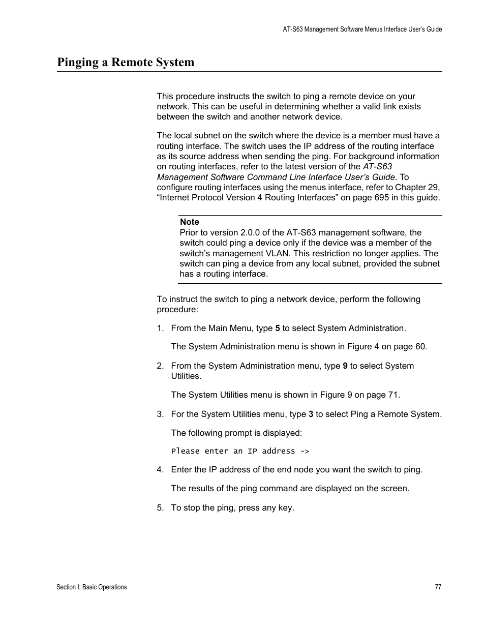 Pinging a remote system | Allied Telesis AT-S63 User Manual | Page 77 / 942