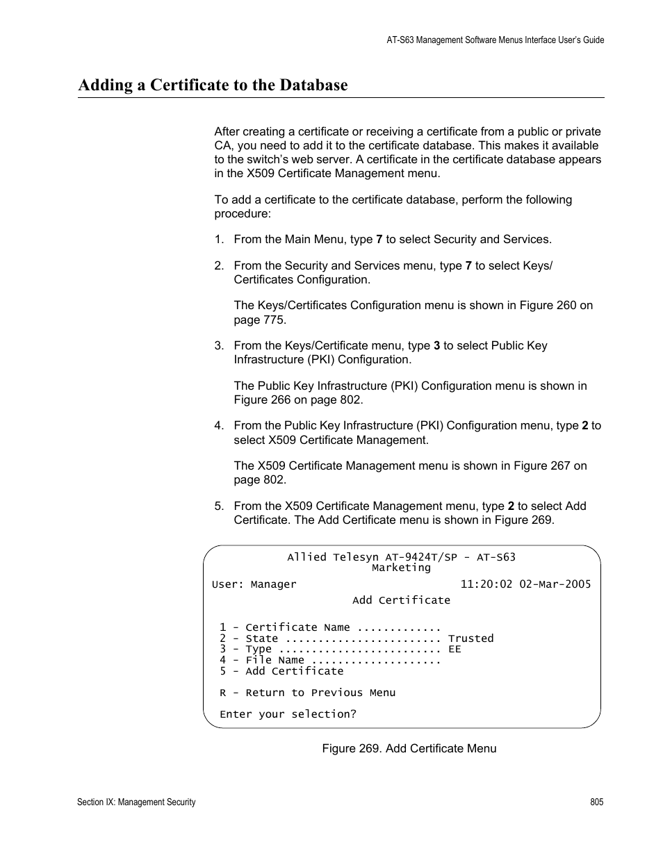 Adding a certificate to the database, Figure 269: add certificate menu, In “adding | Adding | Allied Telesis AT-S63 User Manual | Page 805 / 942