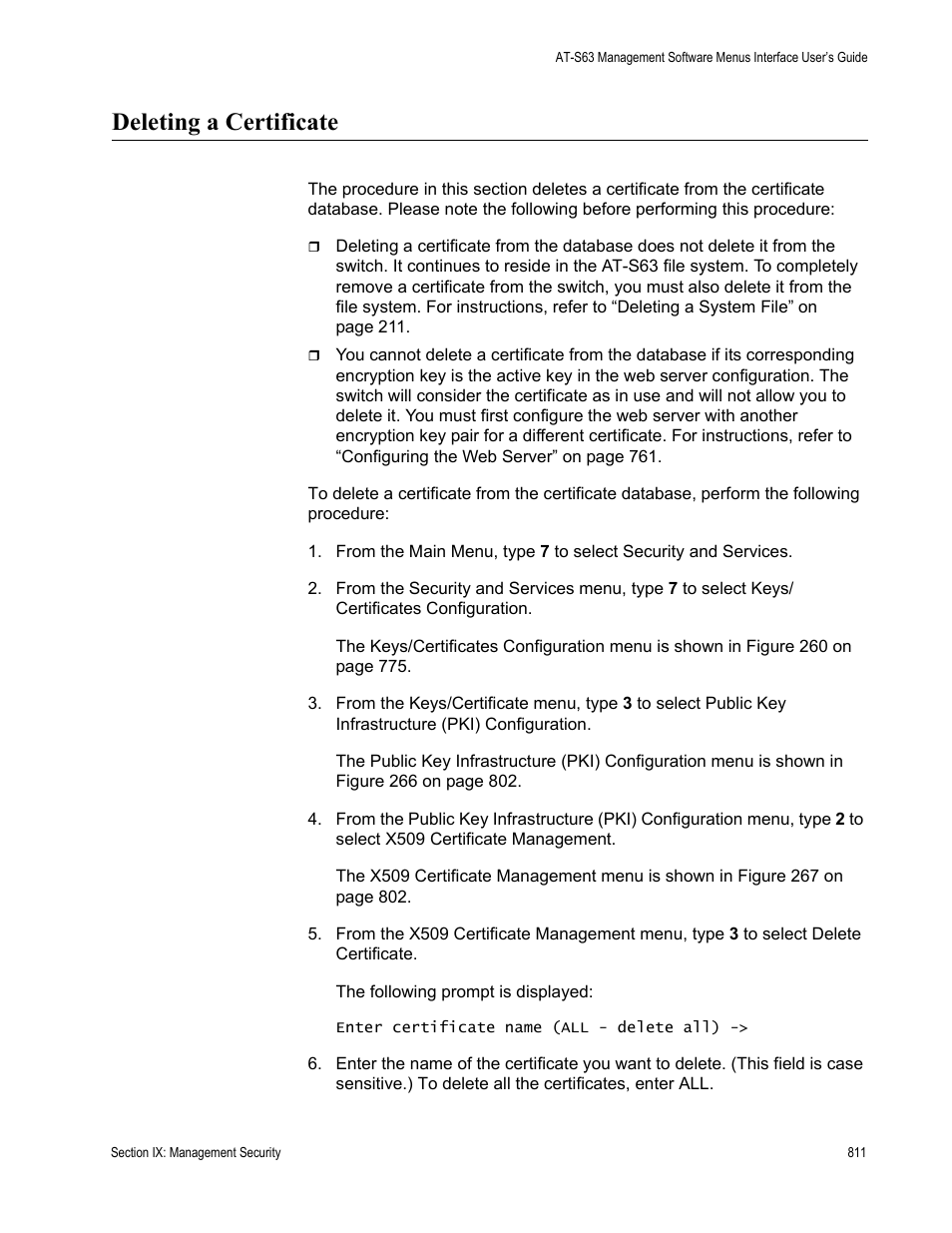 Deleting a certificate | Allied Telesis AT-S63 User Manual | Page 811 / 942
