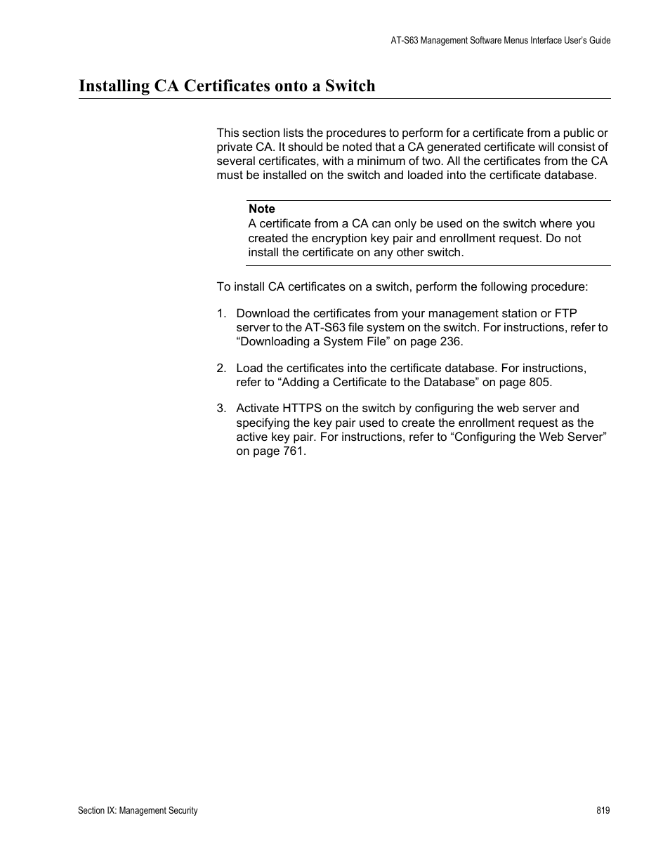 Installing ca certificates onto a switch | Allied Telesis AT-S63 User Manual | Page 819 / 942