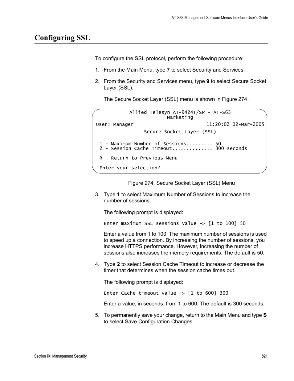 Configuring ssl, Figure 274: secure socket layer (ssl) menu | Allied Telesis AT-S63 User Manual | Page 821 / 942