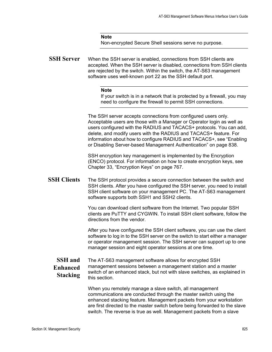 Ssh server, Ssh clients, Ssh and enhanced stacking | Ssh server ssh clients ssh and enhanced stacking | Allied Telesis AT-S63 User Manual | Page 825 / 942