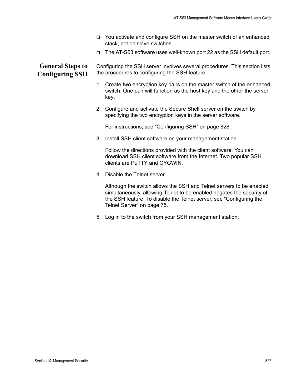 General steps to configuring ssh | Allied Telesis AT-S63 User Manual | Page 827 / 942