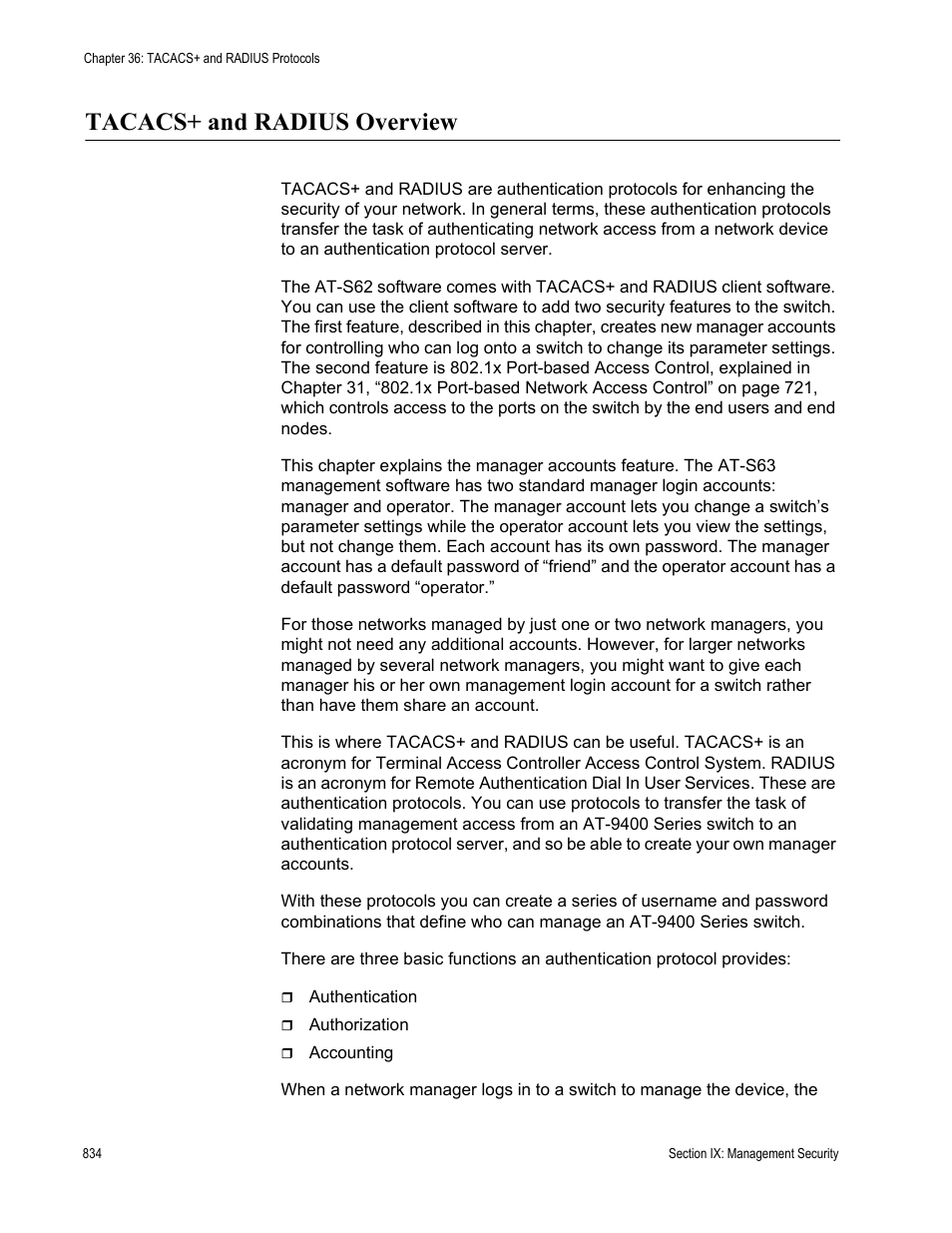 Tacacs+ and radius overview | Allied Telesis AT-S63 User Manual | Page 834 / 942