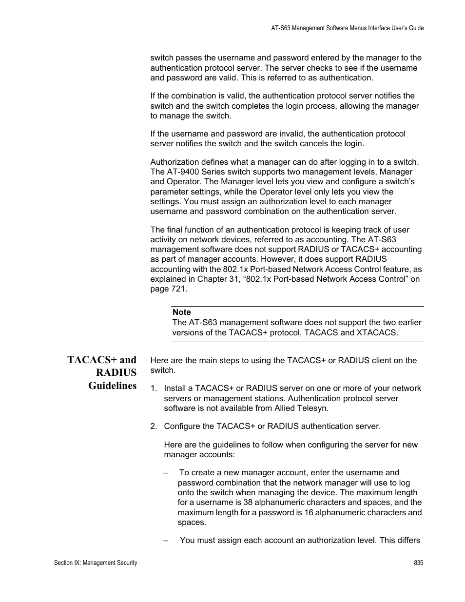 Tacacs+ and radius guidelines | Allied Telesis AT-S63 User Manual | Page 835 / 942