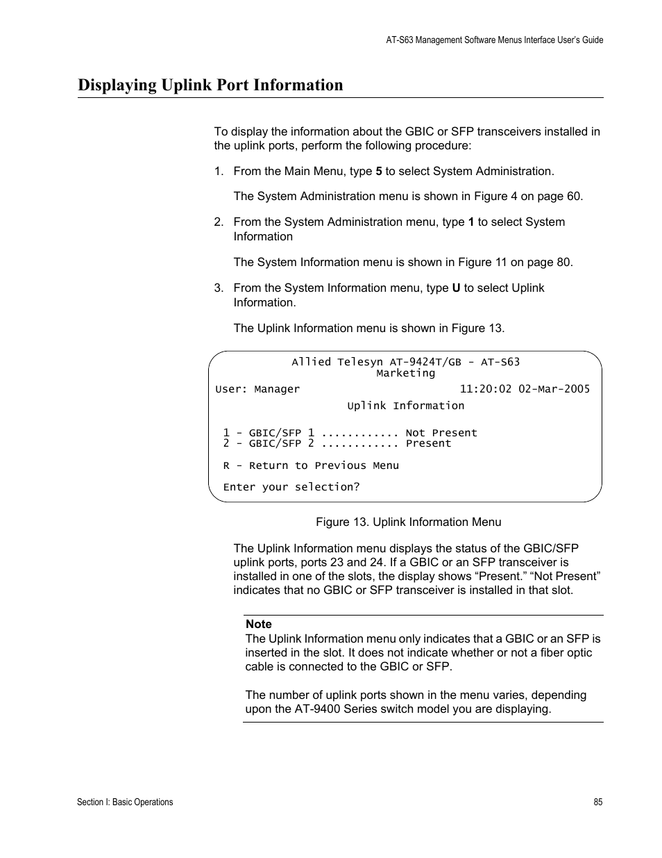 Displaying uplink port information, Figure 13: uplink information menu | Allied Telesis AT-S63 User Manual | Page 85 / 942