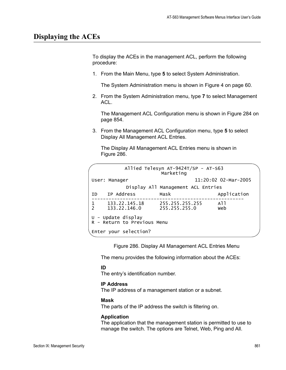 Displaying the aces | Allied Telesis AT-S63 User Manual | Page 861 / 942
