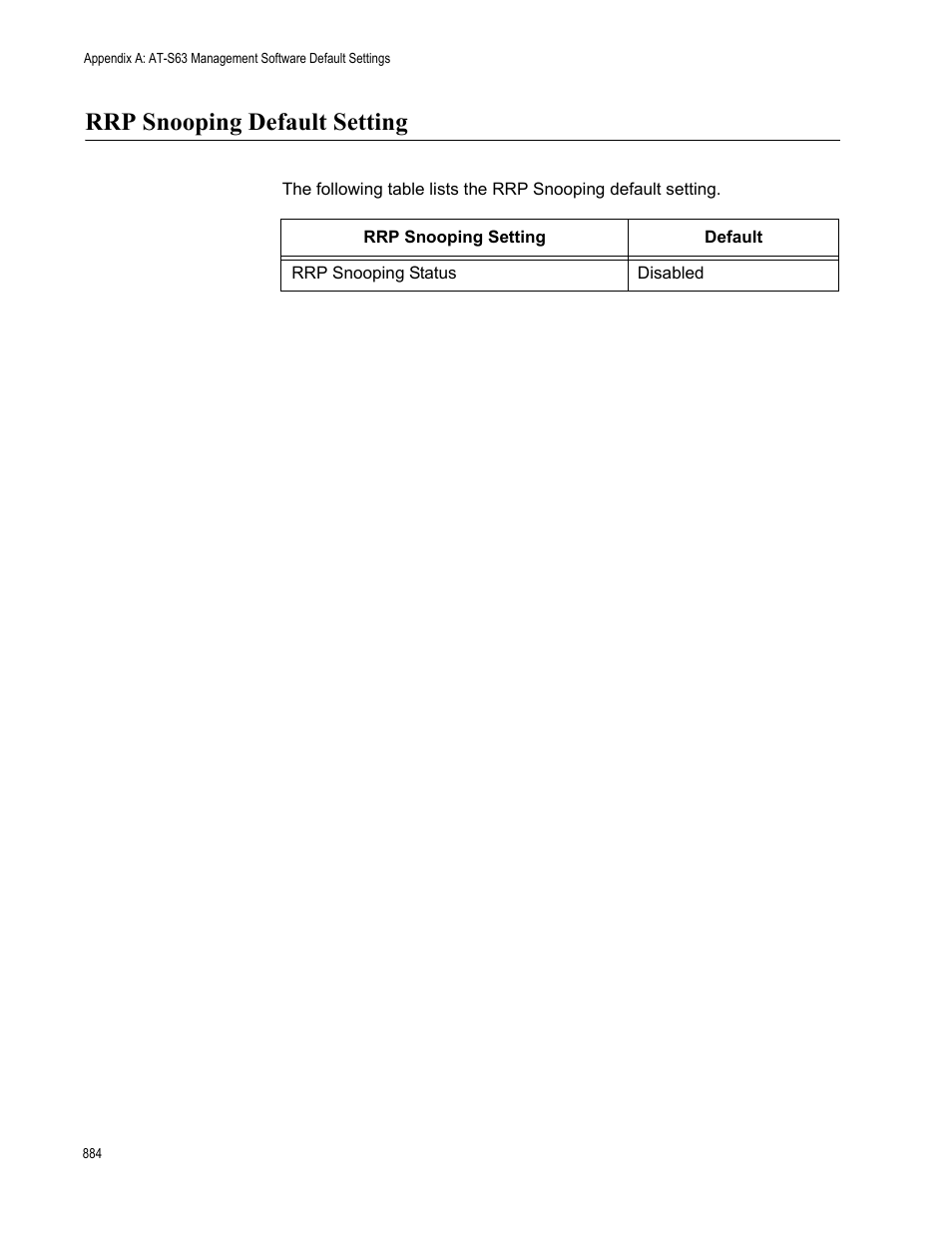 Rrp snooping default setting | Allied Telesis AT-S63 User Manual | Page 884 / 942