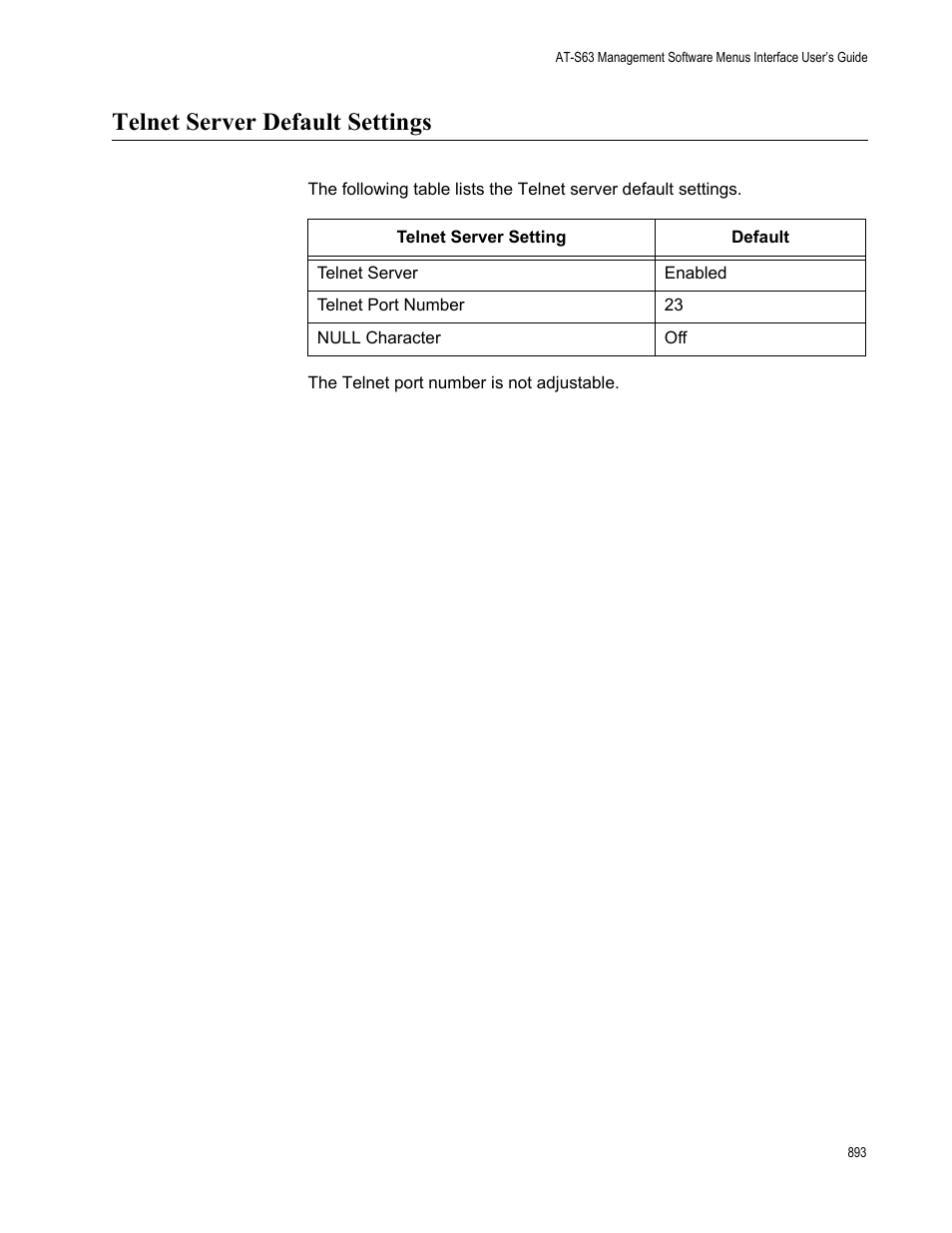 Telnet server default settings | Allied Telesis AT-S63 User Manual | Page 893 / 942