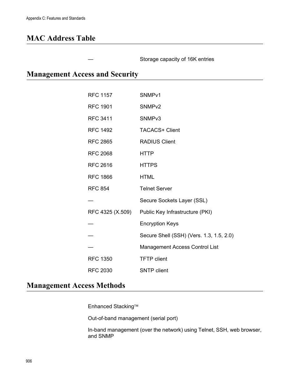 Mac address table, Management access and security, Management access methods | Allied Telesis AT-S63 User Manual | Page 906 / 942