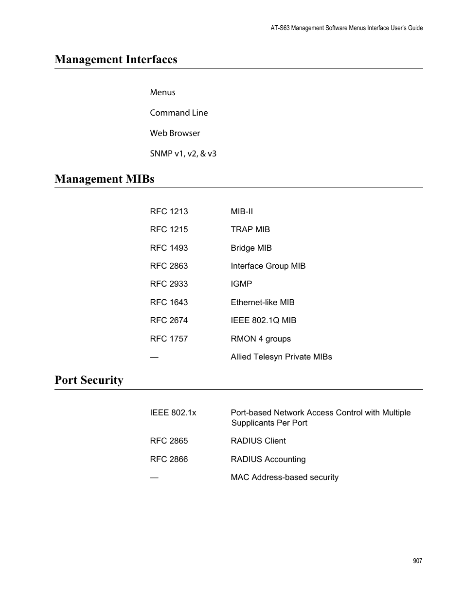 Management interfaces, Management mibs, Port security | Allied Telesis AT-S63 User Manual | Page 907 / 942