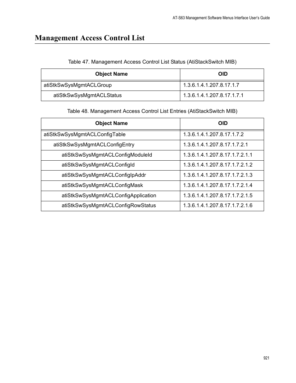 Management access control list | Allied Telesis AT-S63 User Manual | Page 921 / 942