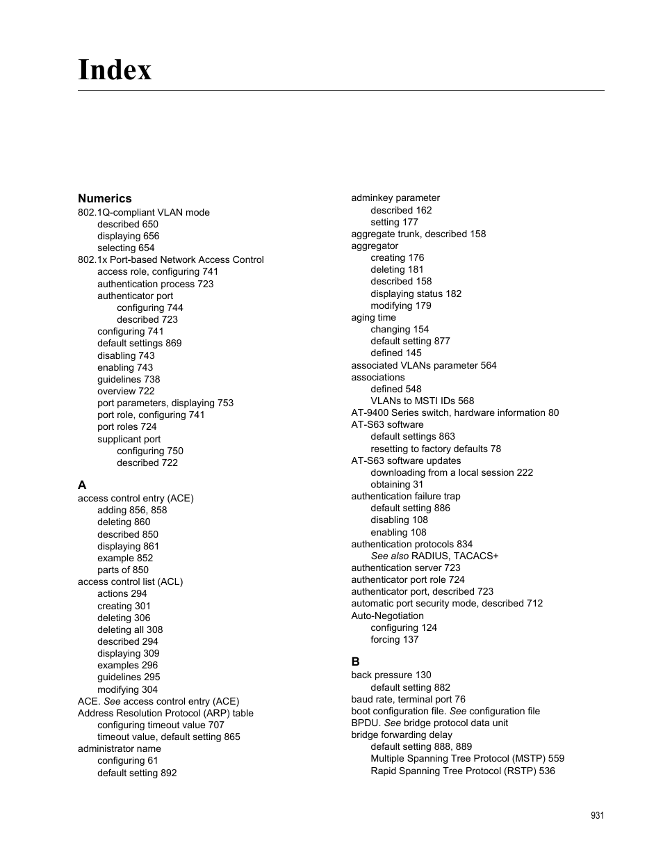 Index, Numerics | Allied Telesis AT-S63 User Manual | Page 931 / 942
