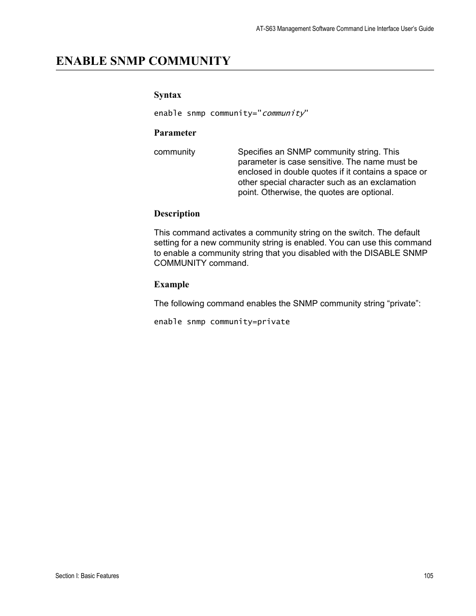 Enable snmp community | Allied Telesis AT-S63 User Manual | Page 105 / 726