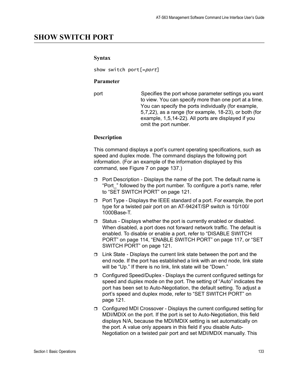 Show switch port | Allied Telesis AT-S63 User Manual | Page 133 / 726